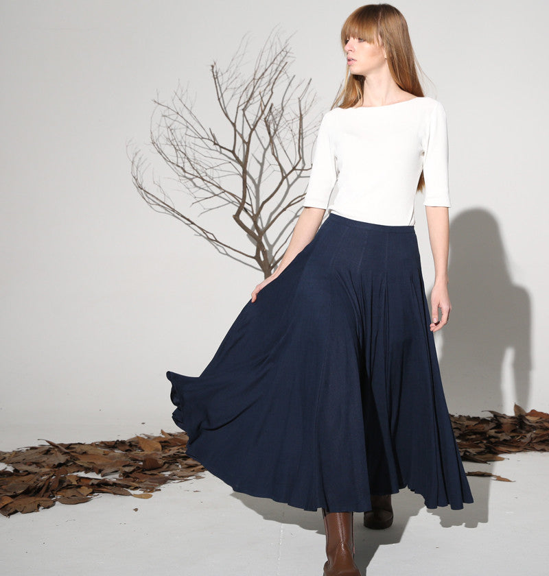 Dark blue linen skirt maxi skirt women skirt 1156#