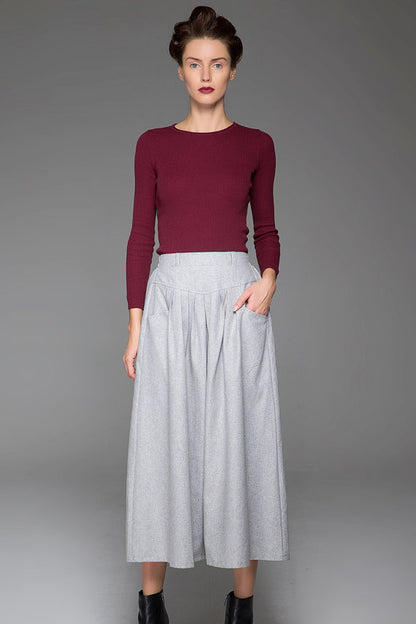 Gray Wool Maxi Skirt - Pleated High Waist with Side Pockets 1441