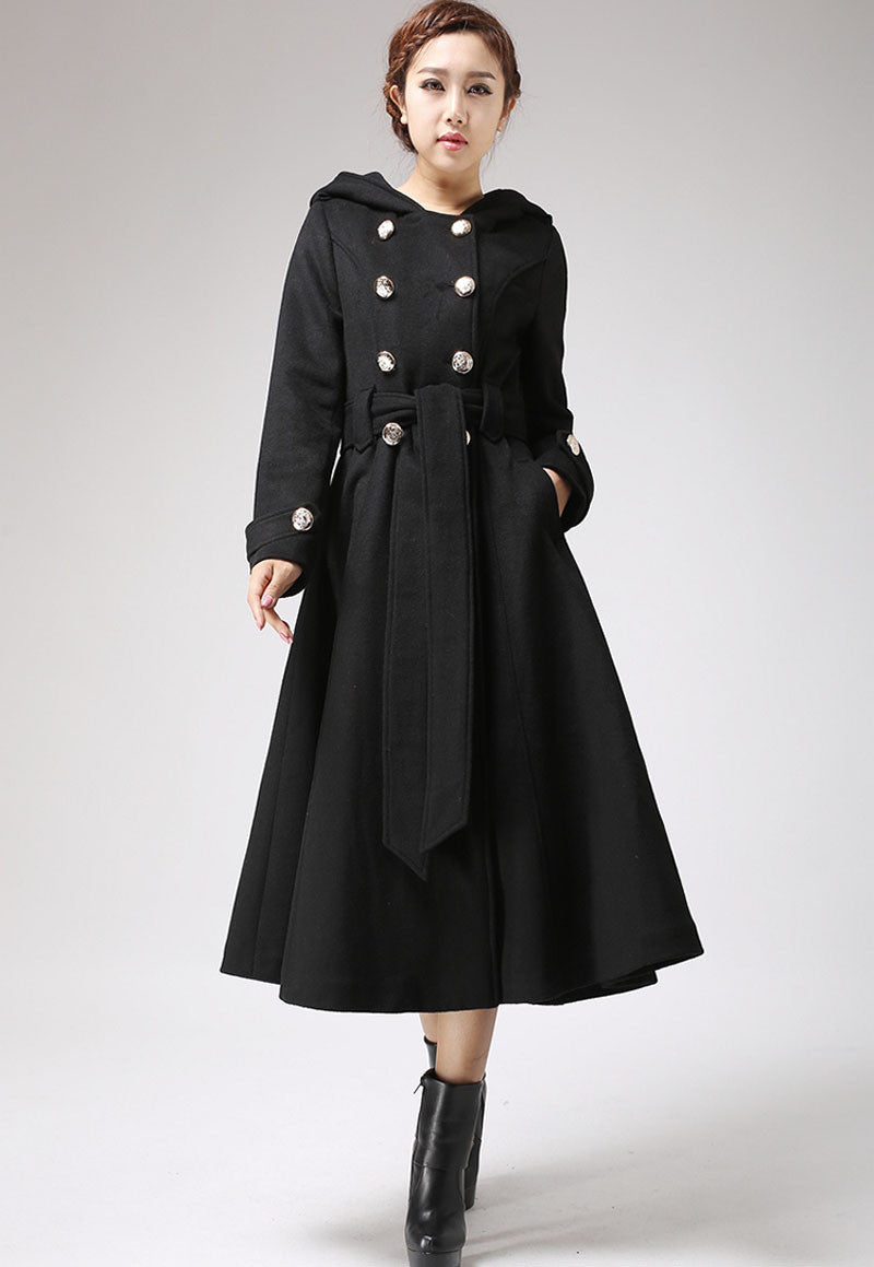 womens's winter long wool jacket hood in Black 0707#
