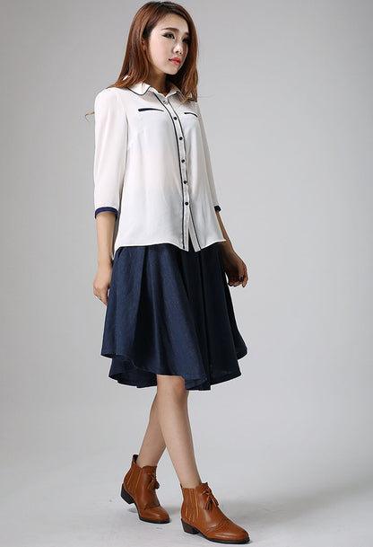 Blue Linen Cotton Pleated Skirt with Irregular Hem and Pockets | Xiaolizi 906
