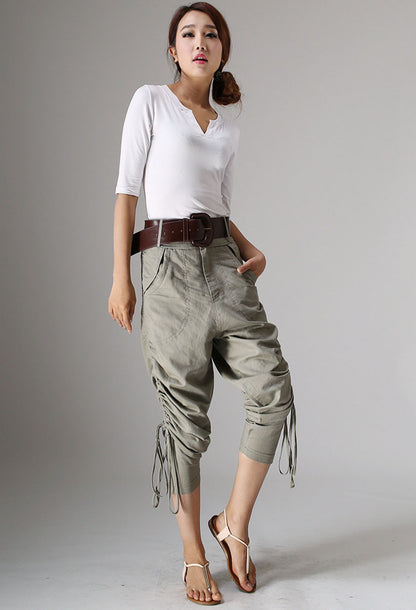 Khaki Cotton Linen Harem Pants - Adjustable Drawstring Detail 980