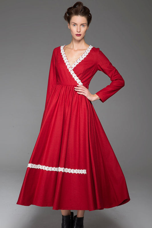 Red wool dress women maxi winter dress 1444