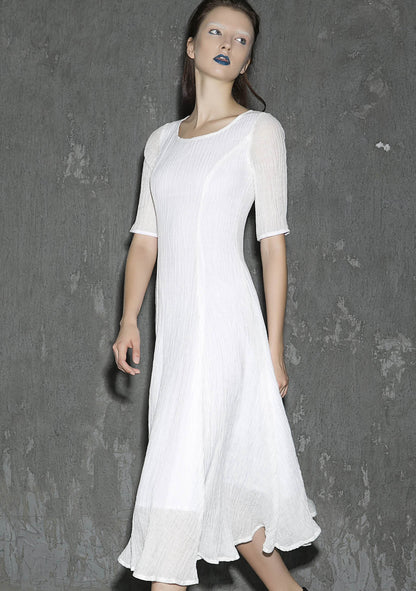 White Linen Maxi Dress - Round Neck, Elbow Sleeve Flowy Silhouette 1307