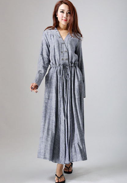 Gray Linen Maxi Dress - Long Sleeve, Adjustable Waist 791
