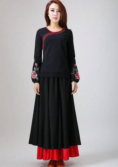 Black Linen Maxi Skirt - High Waist Pleated with Red Layered Hem 2202865797