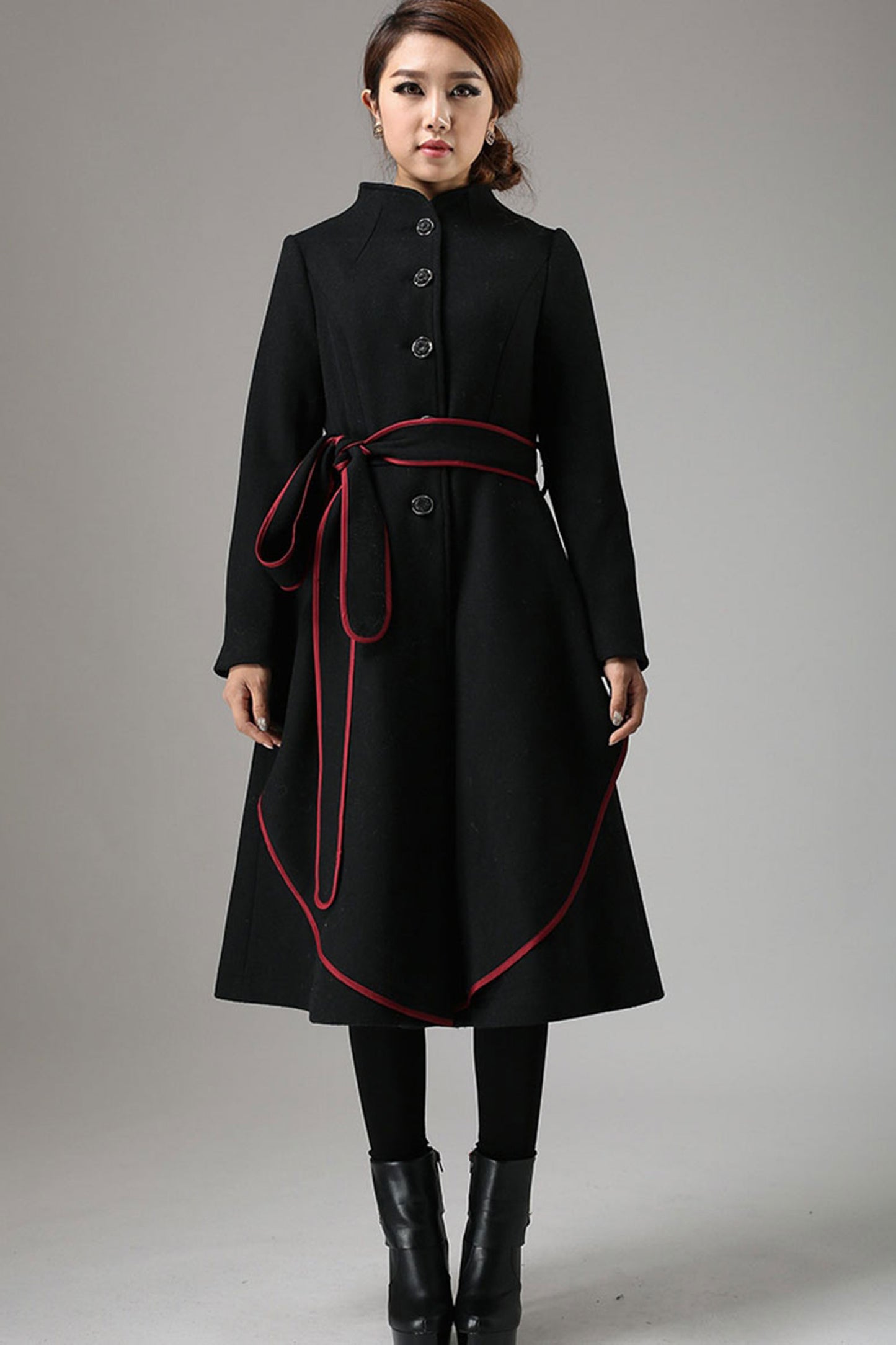 Black Mandarin Collar Coat with Contrasting Piping Detail 0738#