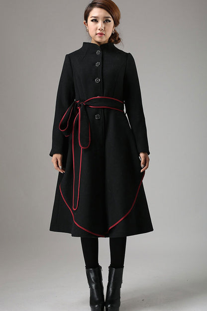 Black Wool Coat - Mandarin Collar with Contrasting Piping 738