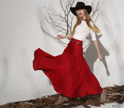 Red Linen Blend A-Line Maxi Skirt - Pleated Ankle Length 1154