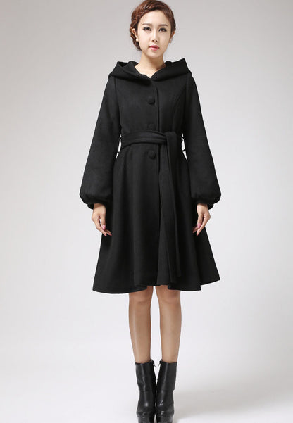 Black Wool Blend Hooded Coat - Lantern Sleeve A-Line | Xiaolizi 711