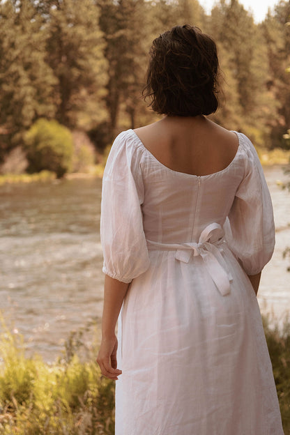 White Linen Midi Dress - Vintage Fit and Flare with Scoop Neck 2740