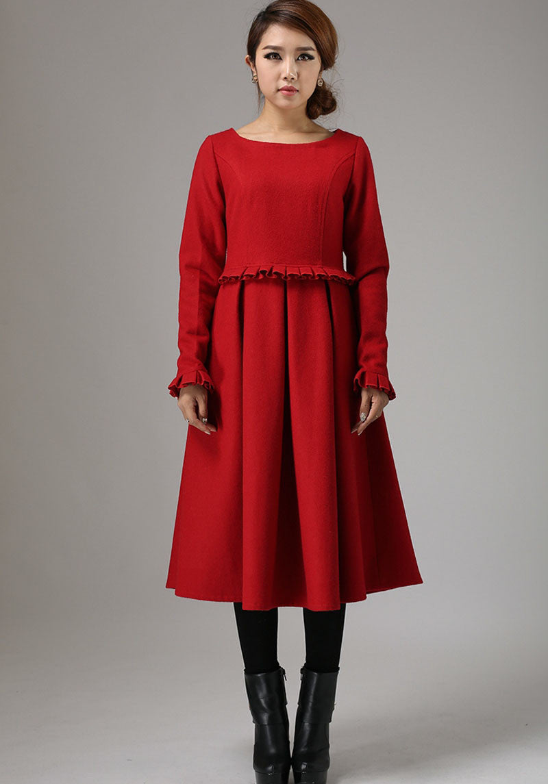 Red wool dress winter dress maxi dress (741)