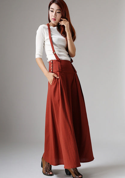 Vintage A-Line Suspender Skirt – Dark Rust Linen, Maxi Length – 1035