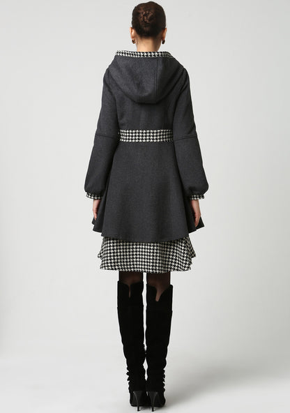 Vintage Wool Winter Coat – Hooded Fit and Flare Midi Coat with Houndstooth Trim 1113