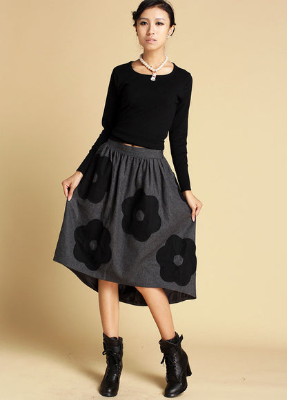 Grey Wool Blend Hi-Lo Skirt - Appliqué Detail | Xiaolizi 350
