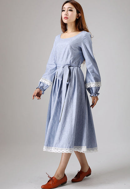 Blue Linen Maxi Dress - Lace-Trimmed, Long Sleeve 882