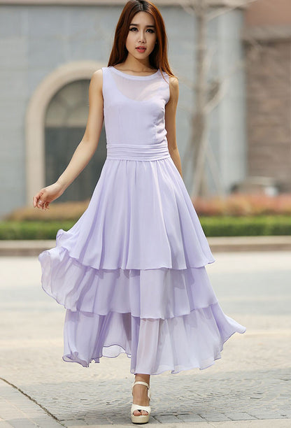 Purple Chiffon Maxi Dress - Sleeveless Tiered with Fitted Waist 929