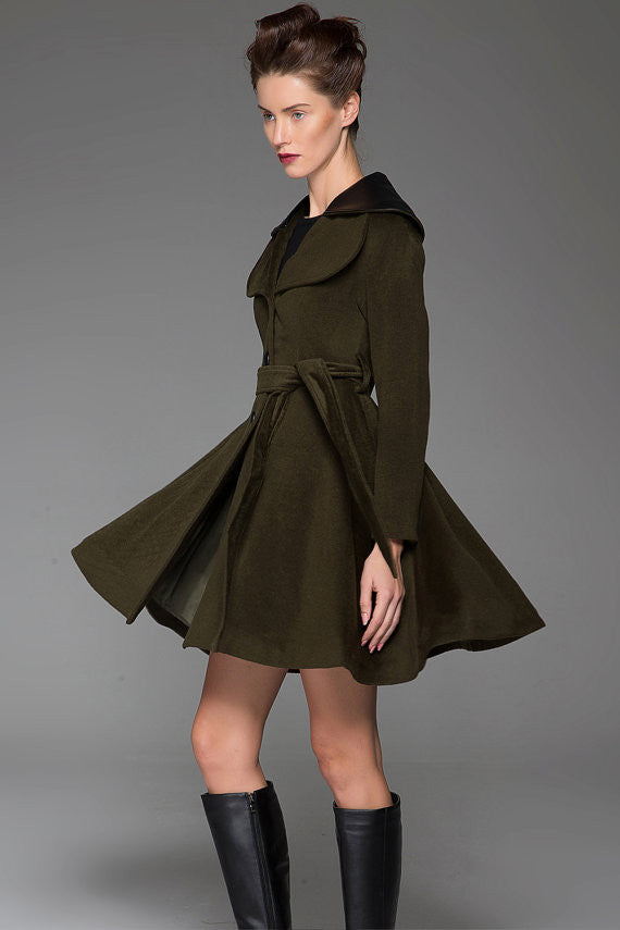 Vintage Wool Coat for Women Olive Green Short Belted Winter Coat | Xiaolizi Olive Green / XS Vintage Wool Coat for Women Olive Green Short Belted Winter Coat | Xiaolizi Olive Green / XS