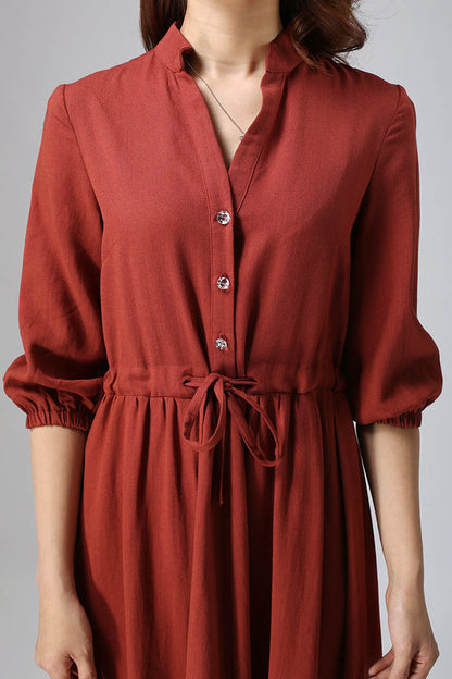 Rust Linen Maxi Shirt Dress with Drawstring Waist and Buttons | Xiaolizi 0804