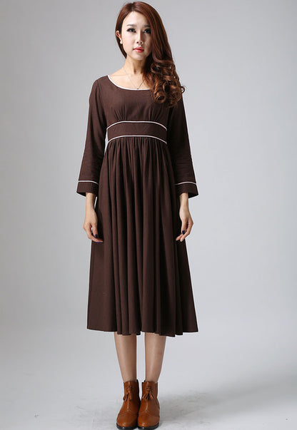 Brown Linen Maxi Dress - 3/4 Sleeve, Empire Waist 808