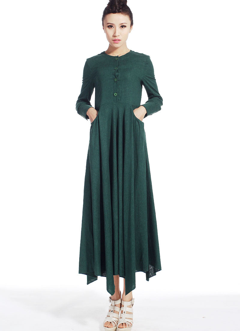 casual dress woman Maxi linen dress long sleeve dress in dark green (5 Xiaolizi casual dress woman Maxi linen dress long sleeve dress in dark green (5 Xiaolizi