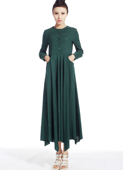 Army Green Linen Maxi Dress - Button Front with Pockets 505