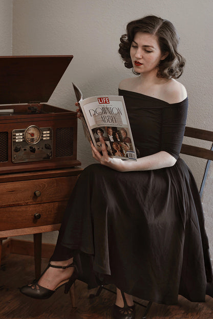 Black Cotton Midi Skirt - High Waist Retro Linen Circle Skater | Xiaolizi 3509