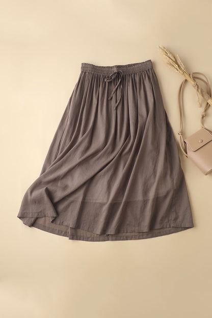 Army Green Linen A-Line Maxi Skirt - Elastic Waist, Side Pockets 3592