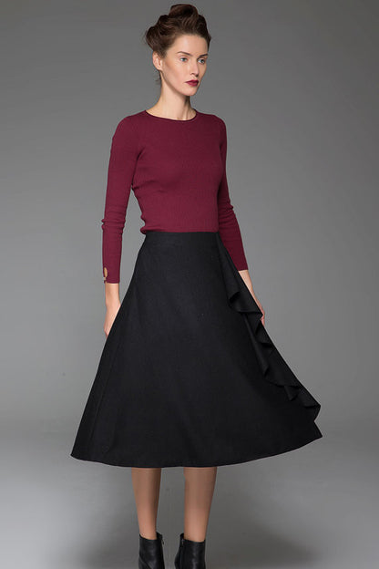 Black Wool Skirt - Over Knee Length with Flower Lace Detail 1438
