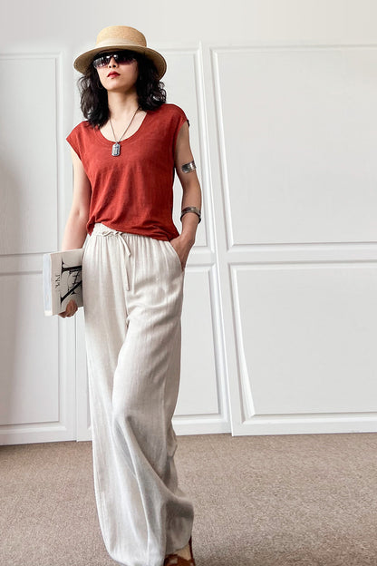 Elastic Waist Women Cotton Linen Casual Pants 3497