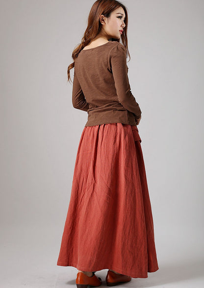 Orange Linen Maxi Skirt - Pleated, Regular Fit 856