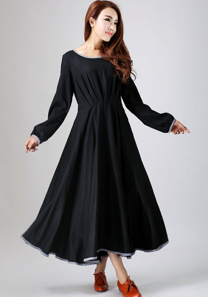 Black Linen Maxi Dress - Pleated Front, Long Sleeve with Belt 787