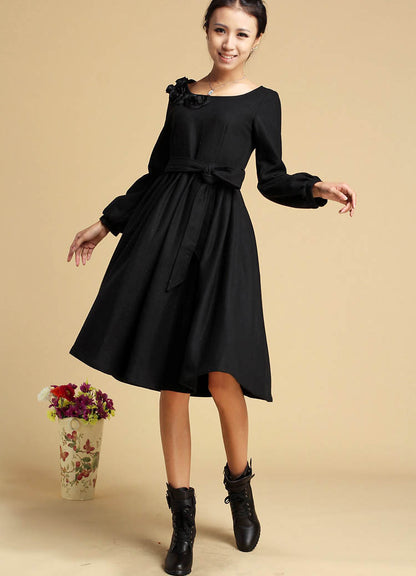 Black Wool Midi Dress - Tie Belt Waist, Long Sleeve 321