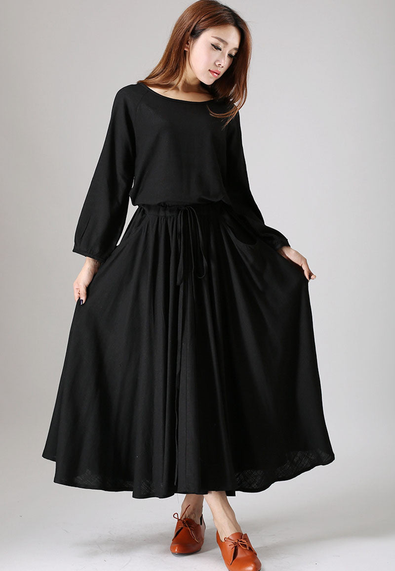 Black Linen Maxi Dress Long Sleeve Round Neck – Xiaolizi