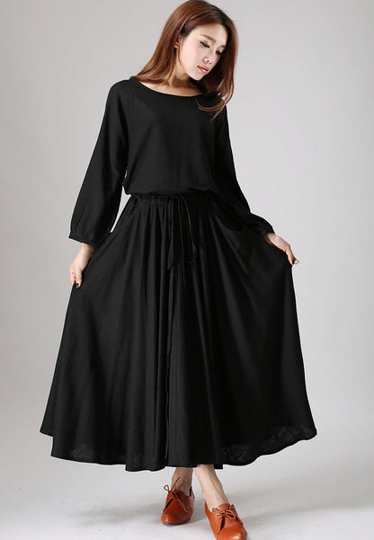 Black dress woman maxi linen dress long sleeve dress custom made casual dress 835#