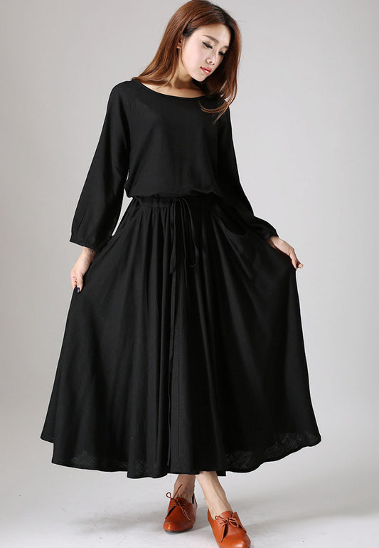 Black dress woman maxi linen dress long sleeve dress custom made casual dress 835#