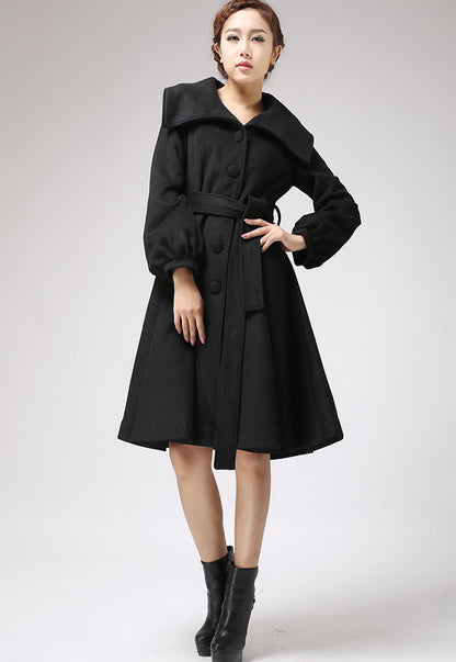 Handmade Black Wool Blend Coat with Wide Collar & Belt – Vintage Fit and Flare Elegance 710