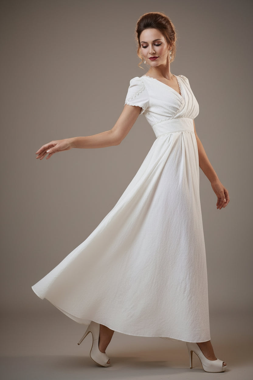 White Linen Maxi Dress - V-Neck Fit & Flare Lace Detail | Xiaolizi 959