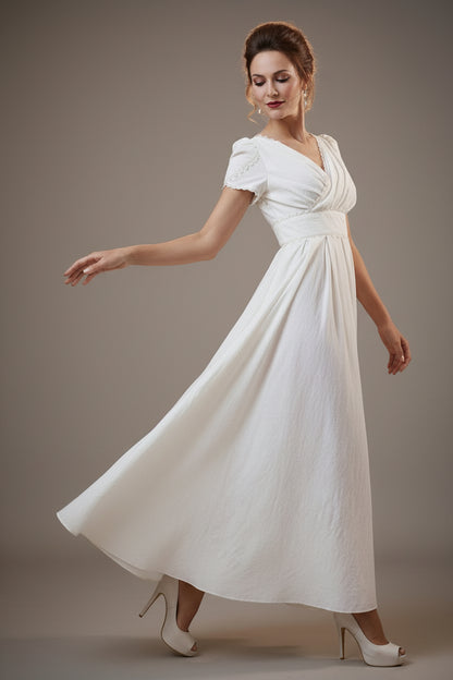 White Linen Maxi Dress - V-Neck Fit & Flare Lace Detail | Xiaolizi 959