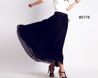 Black Chiffon Maxi Skirt - Flowing Silhouette with Elastic Waistband 178