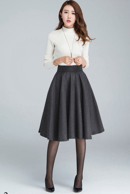 Wool Blend A-Line Skirt – Classic High Waist Midi Skirt with Pockets 1633