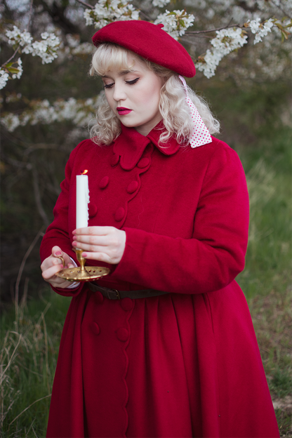 Xiaolizi Red Princess Wool Coat for Women – Handmade Vintage Fit-and-Flare Winter Coat 3577
