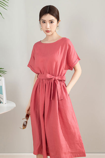 Pink Linen Blend Midi Dress - A-Line Silhouette with Tie Waist 4197