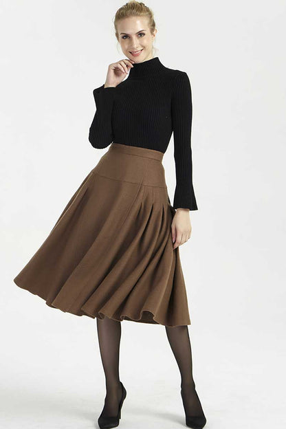 Brown Wool Midi Skirt - Pleated High Waist Flattering Fit 2005