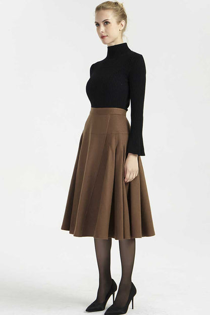 Brown Wool Midi Skirt - Pleated High Waist Flattering Fit 2005