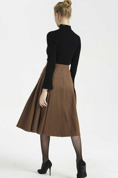Brown Wool Midi Skirt - Pleated High Waist Flattering Fit 2005