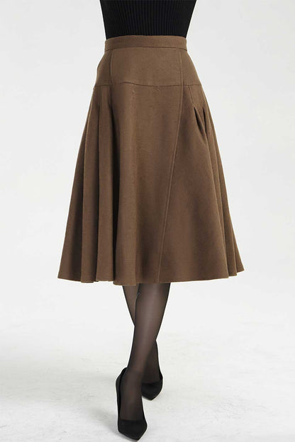 Brown Wool Midi Skirt - Pleated High Waist Flattering Fit 2005