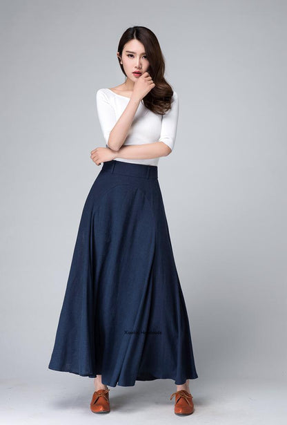 Vintage A-Line Dark Blue Linen Skirt – Flowy Maxi Silhouette – 1497