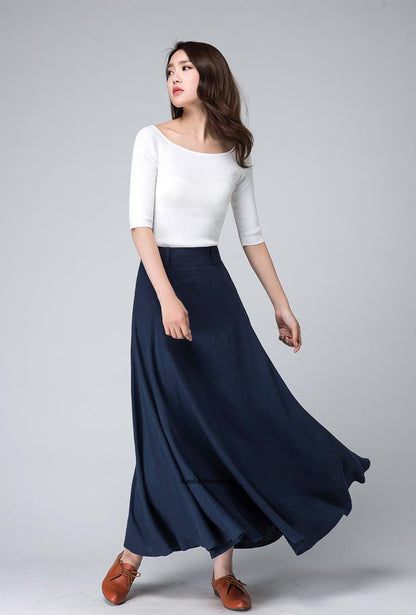 Vintage A-Line Dark Blue Linen Skirt – Flowy Maxi Silhouette – 1497