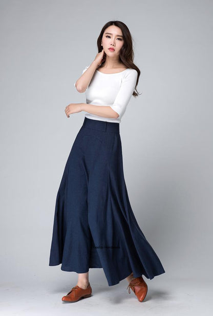 Vintage A-Line Dark Blue Linen Skirt – Flowy Maxi Silhouette – 1497