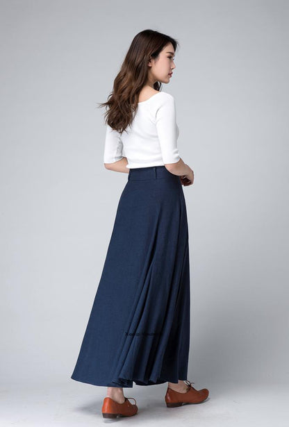 Vintage A-Line Dark Blue Linen Skirt – Flowy Maxi Silhouette – 1497